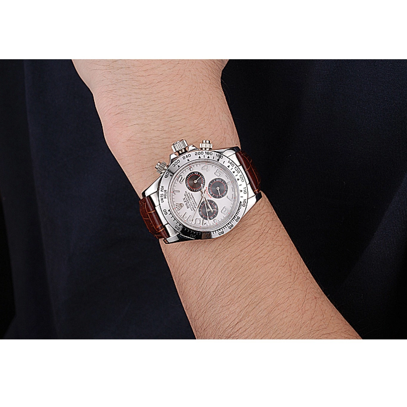 Rolex copies cheap Case Brown Steel Leather Dial Daytona Rolex Stainless Strap White 0616